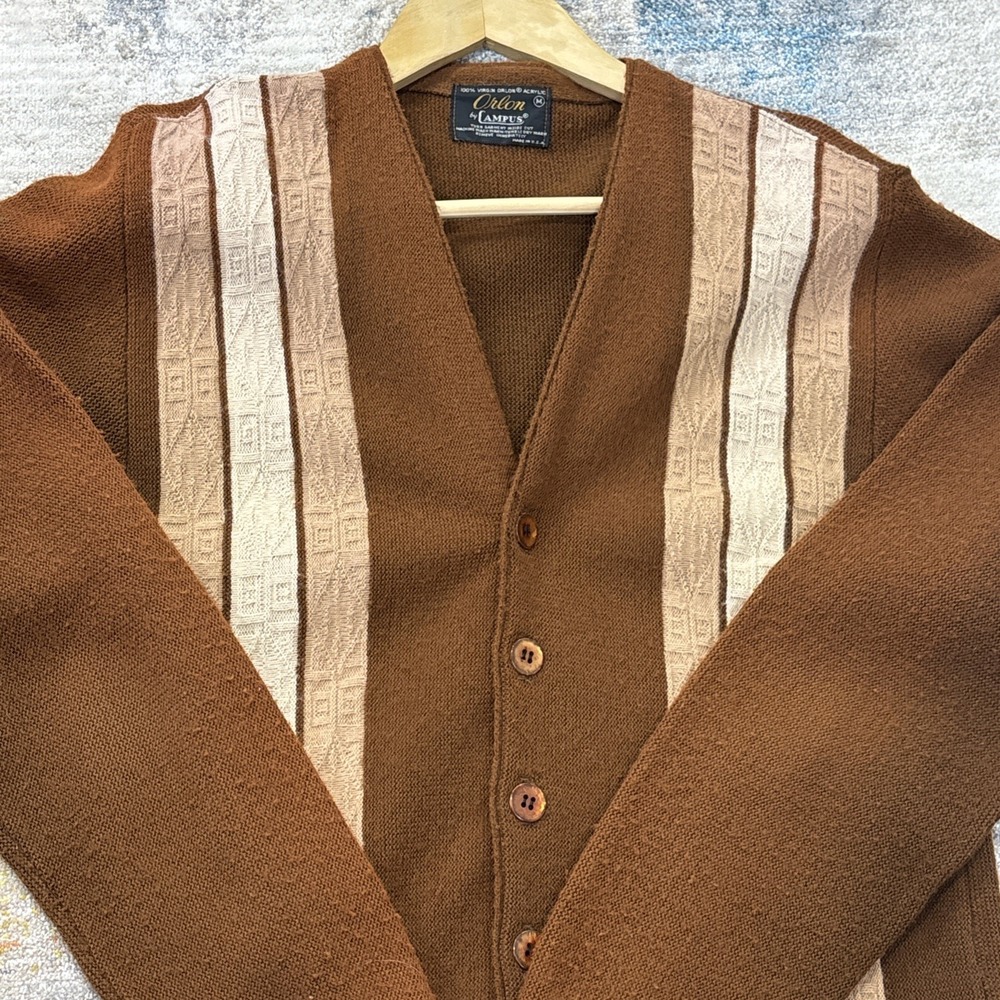 Vintage Orlon By Campus Grandpa Cardigan Sweater Men's Medium Brown